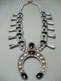 Women's Vintage Native American Navajo Jet Sterling Silver Squash Blossom Necklace-Nativo Arts