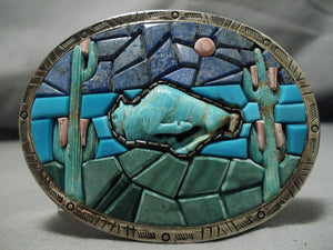 Native American Detailed And Intricate!! Vintage Navajo Turquoise Sterling Silver Belt Buckle-Nativo Arts