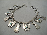 Detailed!! Vintage Native American Navajo Turquoise Sterling Silver Charm Link Bracelet-Nativo Arts
