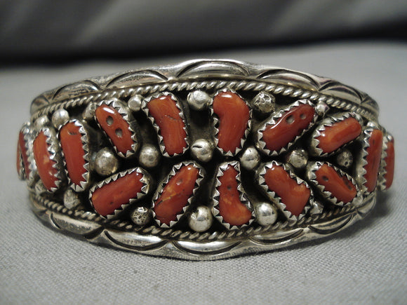 Amazing Vintage Navajo Deepset Coral Sterling Silver Native American Bracelet-Nativo Arts
