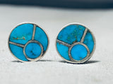 Early And Very Rare Vintage Native American Zuni Turquoise Inlay Sterling Silver Earrings-Nativo Arts
