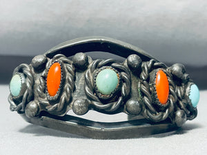 100 Grams Very Heavy Vintage Native American Navajo Turquoise Coral Sterling Silver Bracelet Old-Nativo Arts