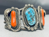 Tom Toledo Vintage Native American Navajo Morenci Turquoise Coral Sterling Silver Bracelet-Nativo Arts