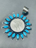 Dramatic Native American Navajo Kingman Turquoise & Coin Sterling Silver Pendant Signed-Nativo Arts