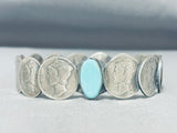 Impressive Native American Navajo Signed Royston Turquoise Mercury Silver Dimes Bangle-Nativo Arts
