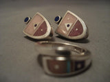 Fab Modernistic Navajo Pink Shell Turquoise Native American Jewelry Silver Ring Earrings-Nativo Arts