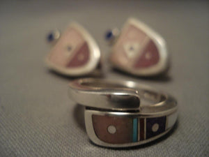 Fab Modernistic Navajo Pink Shell Turquoise Native American Jewelry Silver Ring Earrings-Nativo Arts