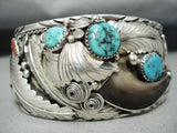 Wide Detailed Bear Native American Navajo Turquoise Coral Sterling Silver Bracelet-Nativo Arts