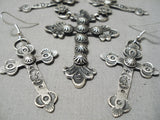 Rare Hand Tooled Cross Native American Navajo Sterling Silver Repoussed Necklace Earrings Set-Nativo Arts