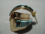 Fabulous 14k Gold Blue Diamond Turquoise Inlay Vintage Navajo Earrings-Nativo Arts