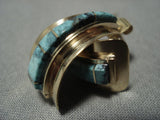 Fabulous 14k Gold Blue Diamond Turquoise Inlay Vintage Navajo Earrings-Nativo Arts