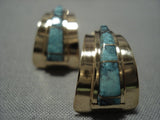 Fabulous 14k Gold Blue Diamond Turquoise Inlay Vintage Navajo Earrings-Nativo Arts