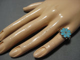 Fabulous Detailed Old Turquoise Flower Vintage Sterling Silver Native American Jewelry Zuni Ring Old-Nativo Arts