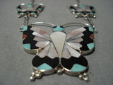 Fabulous Flying Butterfly Vintage Native American Jewelry Zuni Turquoise Inlay Sterling Silver Necklace-Nativo Arts