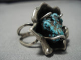 Fabulous Huge Vintage Native American Navajo Flower Sterling Silver Turquoise Ring Old-Nativo Arts
