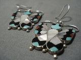 Fabulous Vintage Native American Jewelry Zuni Turquoise Butterfly Inlay Sterling Silver Earrings-Nativo Arts