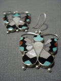 Fabulous Vintage Native American Jewelry Zuni Turquoise Butterfly Inlay Sterling Silver Earrings-Nativo Arts