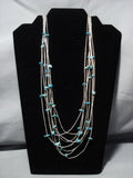 Fabulous Vintage Native American Navajo Sterling Silver Tube Turquoise Necklace Old-Nativo Arts