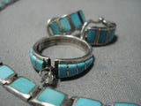 Fabulous Vintage Native American Navajo Sterling Silver Turquoise Inlay Necklace Earrings Set-Nativo Arts