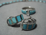 Fabulous Vintage Native American Navajo Sterling Silver Turquoise Inlay Necklace Earrings Set-Nativo Arts