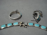 Fabulous Vintage Native American Navajo Sterling Silver Turquoise Inlay Necklace Earrings Set-Nativo Arts