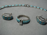 Fabulous Vintage Native American Navajo Sterling Silver Turquoise Inlay Necklace Earrings Set-Nativo Arts