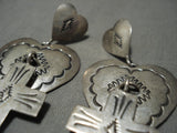 Fabulous Vintage Navajo Native American Jewelry Silver 'Love Hearts & Cross' Native American Jewelry Silver Long Earrings-Nativo Arts