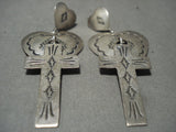 Fabulous Vintage Navajo Native American Jewelry Silver 'Love Hearts & Cross' Native American Jewelry Silver Long Earrings-Nativo Arts