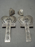Fabulous Vintage Navajo Native American Jewelry Silver 'Love Hearts & Cross' Native American Jewelry Silver Long Earrings-Nativo Arts