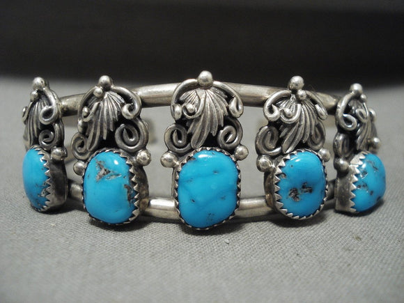 Fabulous Vintage Navajo Persin Turquoise Native American Jewelry Silver Leaves Bracelet Old-Nativo Arts