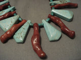 Fabulous Vintage Navajo Triangular Turquoise & Coral Native American Jewelry Silver Necklace Old-Nativo Arts