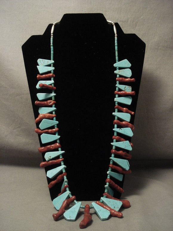 Fabulous Vintage Navajo Triangular Turquoise & Coral Native American Jewelry Silver Necklace Old-Nativo Arts