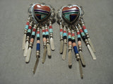 Fabulous Vintage Navajo Turquoise Heart Native American Jewelry Silver Heishi Dangling Earrings-Nativo Arts
