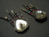 Fabulous Vintage Navajo Turquoise Heart Native American Jewelry Silver Heishi Dangling Earrings-Nativo Arts