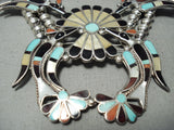 Authentic Vintage Native American Zuni Turquoise Inlay Sterling Silver Squash Blossom Necklace-Nativo Arts