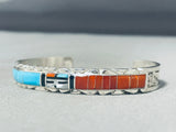 Marvelous Native American Zuni Signed Inlay Sunface Turquoise Coral Jet Sterling Silver Bracelet-Nativo Arts