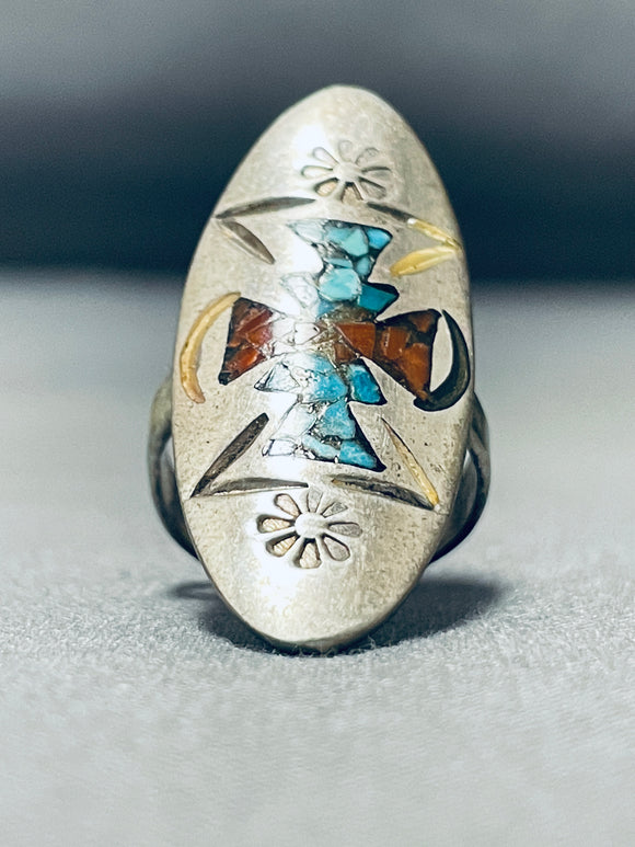 Nostalgic Vintage Native American Navajo Turquoise Coral Sterling Silver Inlay Ring-Nativo Arts
