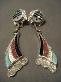 Famous Artist Zuni Eldred Martinez Turquoise Coral Native American Jewelry Silver Earrings-Nativo Arts