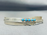 Elegant Native American Hopi Sleeping Beauty Turquoise Sterling Silver Feather Bracelet-Nativo Arts