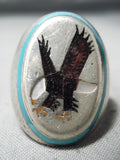 Native American Amazing Vintage Cochiti Inlay Turquoise Eagle Sterling Silver Ring Old-Nativo Arts