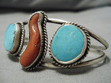 Striking Vintage Native American Navajo Blue Diamond Turquoise Coral Sterling Silver Bracelet-Nativo Arts