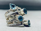 Brilliant Native American Navajo 4 Topaz Sterling Silver Handstamped Large Ring-Nativo Arts