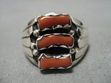 Huge Men's Chunky Red Coral Native American Sterling Silver Ring-Nativo Arts
