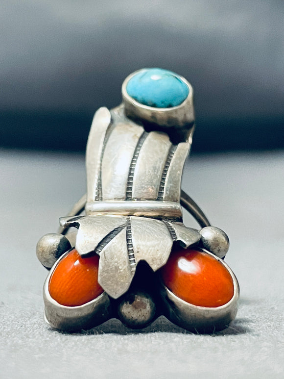 Rare Older Vintage Native American Navajo Domed Turquoise Coral Sterling Silver Ring Old-Nativo Arts
