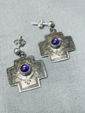Expressive Vintage Native American Navajo Amethyst Sterling Silver Cross Earrings-Nativo Arts