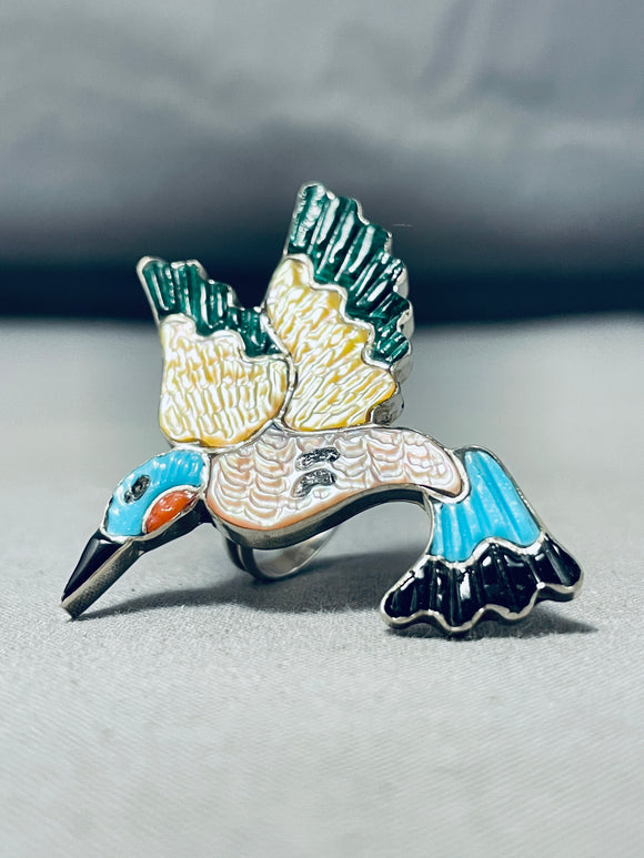 Important And Incredible Native American Zuni Turquoise Sterling Silver Hummingbird Ring-Nativo Arts