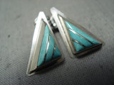 Intricate Triangle Vintage Native American Zuni Turquoise Sterling Silver Teepee Earrings-Nativo Arts