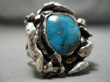 Exquisite Vintage Native American Navajo Blue Gem Turquoise Sterling Silver Ring Old-Nativo Arts