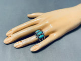 Remarkable Native American Navajo 3 Blue Gem Turquoise Sterling Silver Ring-Nativo Arts