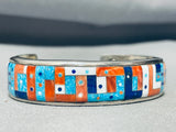 Very Detailed Vintage Native American Navajo Turquoise Inlay Sterling Silver Bracelet-Nativo Arts